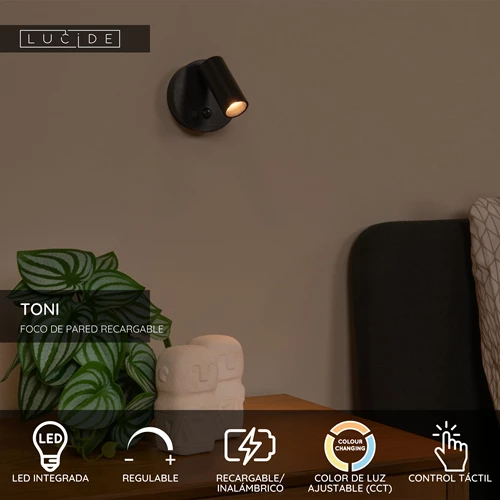 Lucide TONI - Foco de pared / Lámpara de pared Recargable - Batería/acumulador - Ø 8,1 cm - LED Regul. - CCT - 1x2W 2700K/4000K - Sensor movimiento (desactivable) - Magnético - Negro - USP